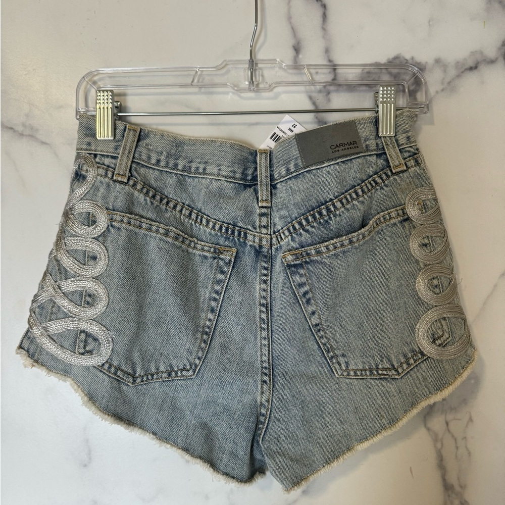 NEW WITH TAGS Carmar Cordelia Denim Shorts, Embellished Side Panels, Size 27 - Picture 2 of 6